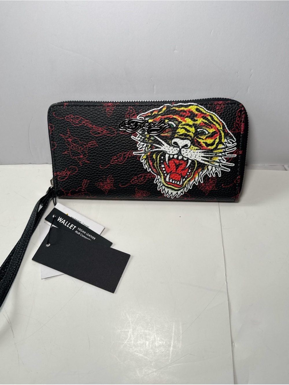 Ed Hardy Tiger Zip Around Wallet Wristlet Black Red Vegan Leather New
